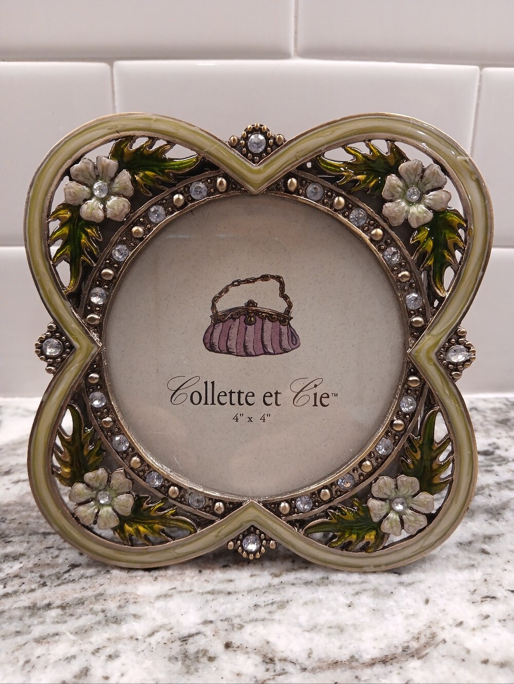 Collette et Cie  Green Enamel Crystal Quatrefoil Easel Back Picture Frame